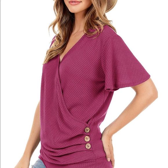 V-neck waffle top * cross wrap * Short sleeve * Medium - Picture 1 of 8